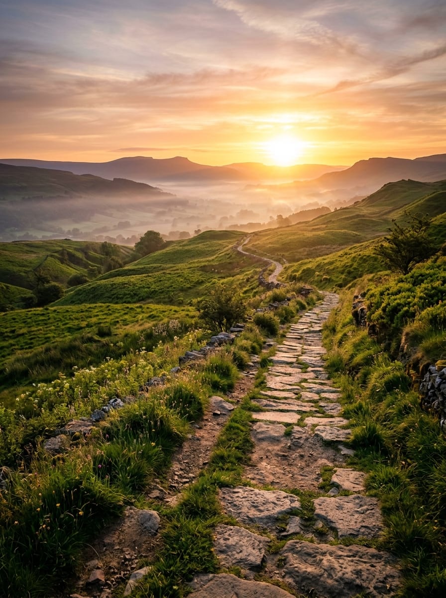 Sunrise path through golden hills